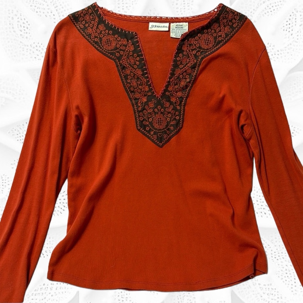 Burnt Orange Long Sleeve V-Neck Shirt. Lovely Embellished Suede Neckline.